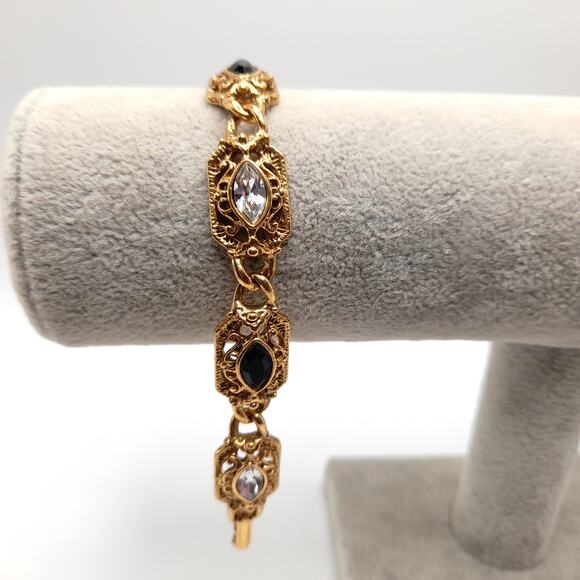 Black Clear Crystal Bracelet, Gold Tone, 1928 Style, 7 1/8 In - Picture 10 of 10
